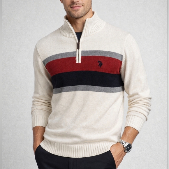 U.S. Polo Assn. Other - U.S. Polo Assn Men’s Large Striped Quarter Zip Sweater Cream Colorblock NWT